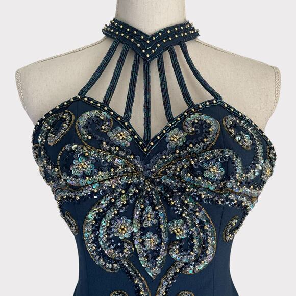 Alyce Designs Beaded Gown Long Teal Strappy Back Zip Closure Size 2 Side Slit - Picture 3 of 9